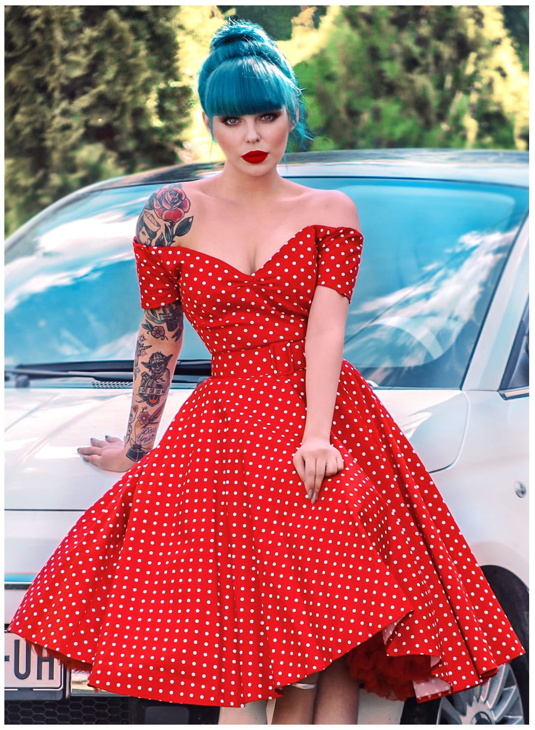 long red polka dot dress